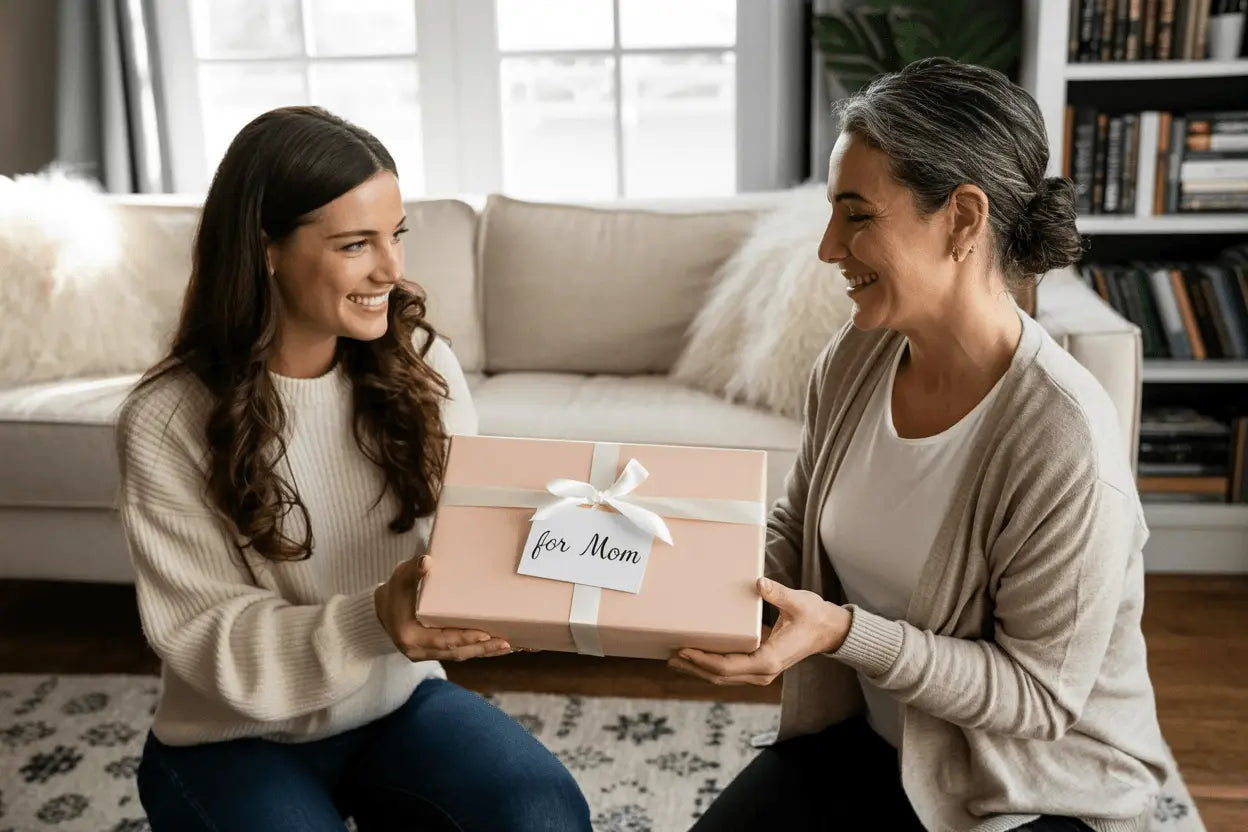 Daughter handing her mother a wrapped gift labelled for mom on the sofa