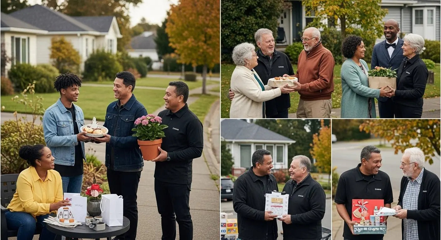 Neighbors exchanging gifts, community connection