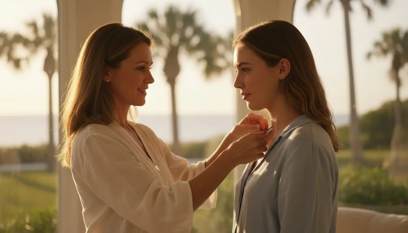 Mother fastening a keepsake pendant necklace on her adult daughter among palm trees