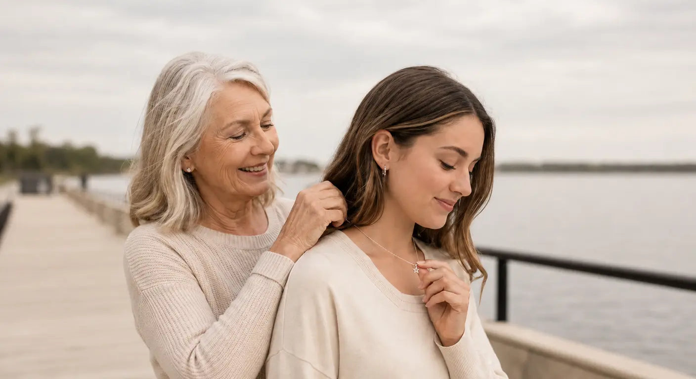 grandmother fastening a star pendant necklace on her granddaughter by the water