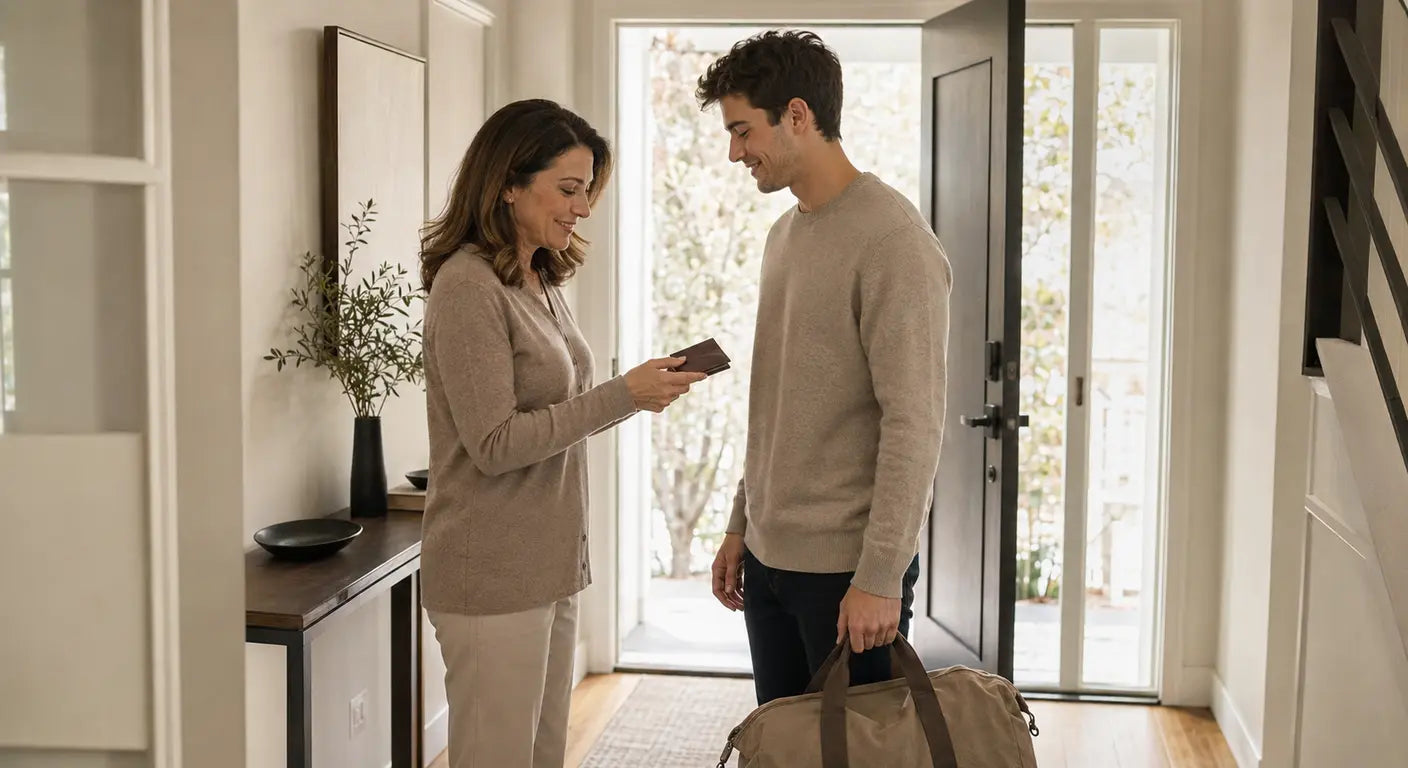 Mother giving her son a keepsake by the front door as he leaves with his suitcase
