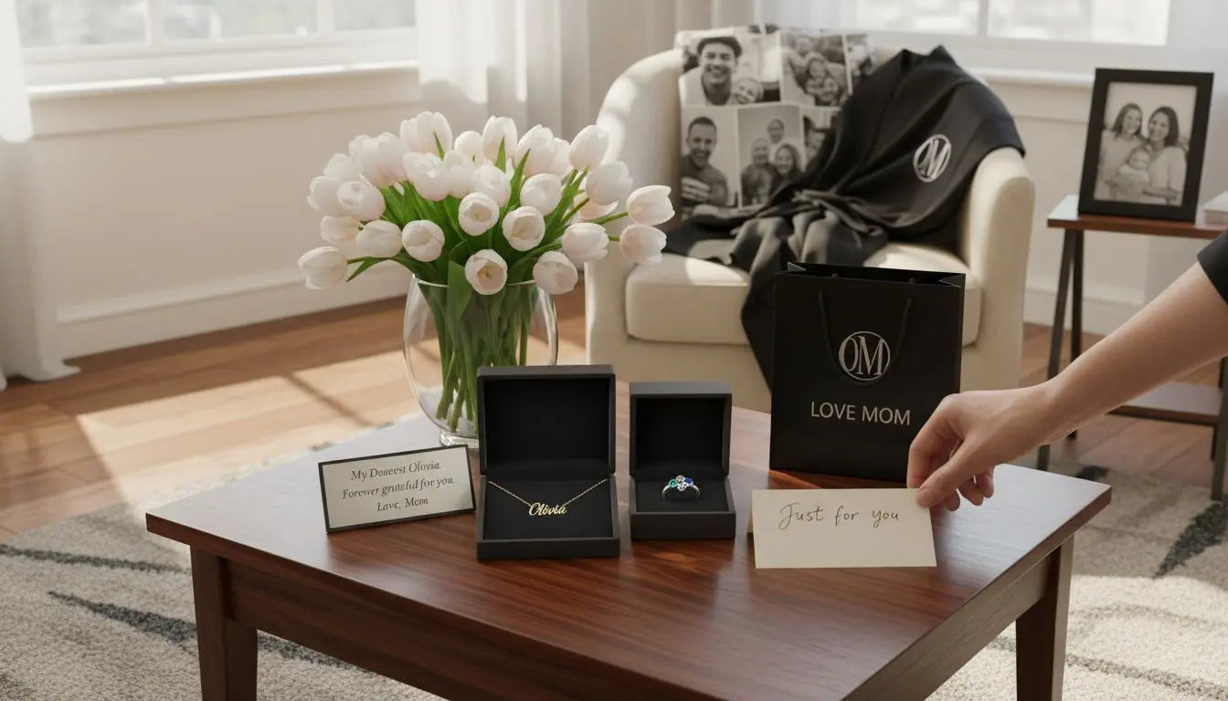 Woman writing a card beside jewelry gift boxes and white tulips for mother's day