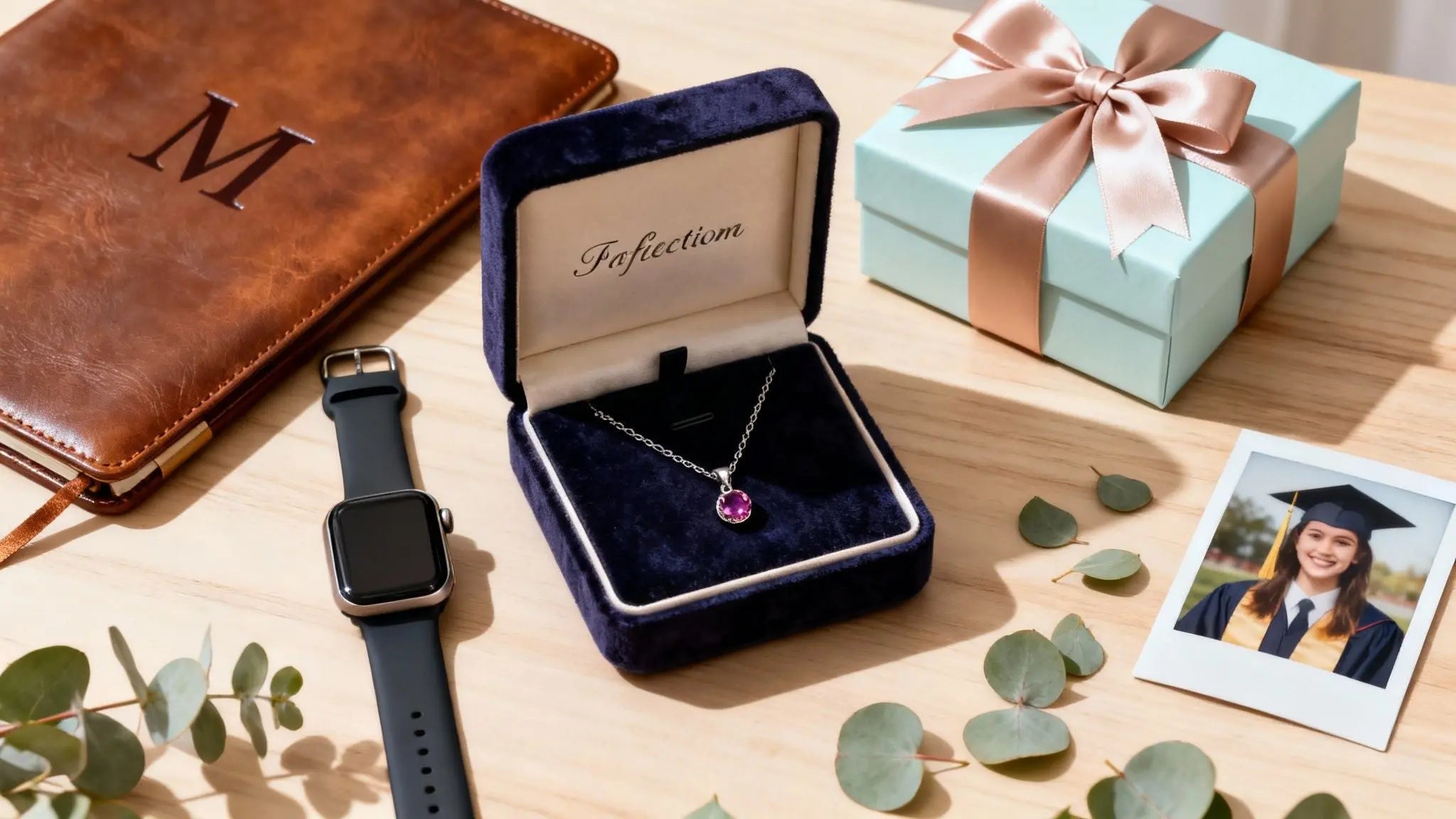 Graduation gifts for her with a monogram leather portfolio, necklace in a gift box and watch
