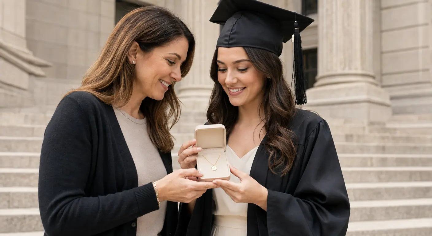 Mother giving her graduate daughter an initial necklace in an open jewelry box