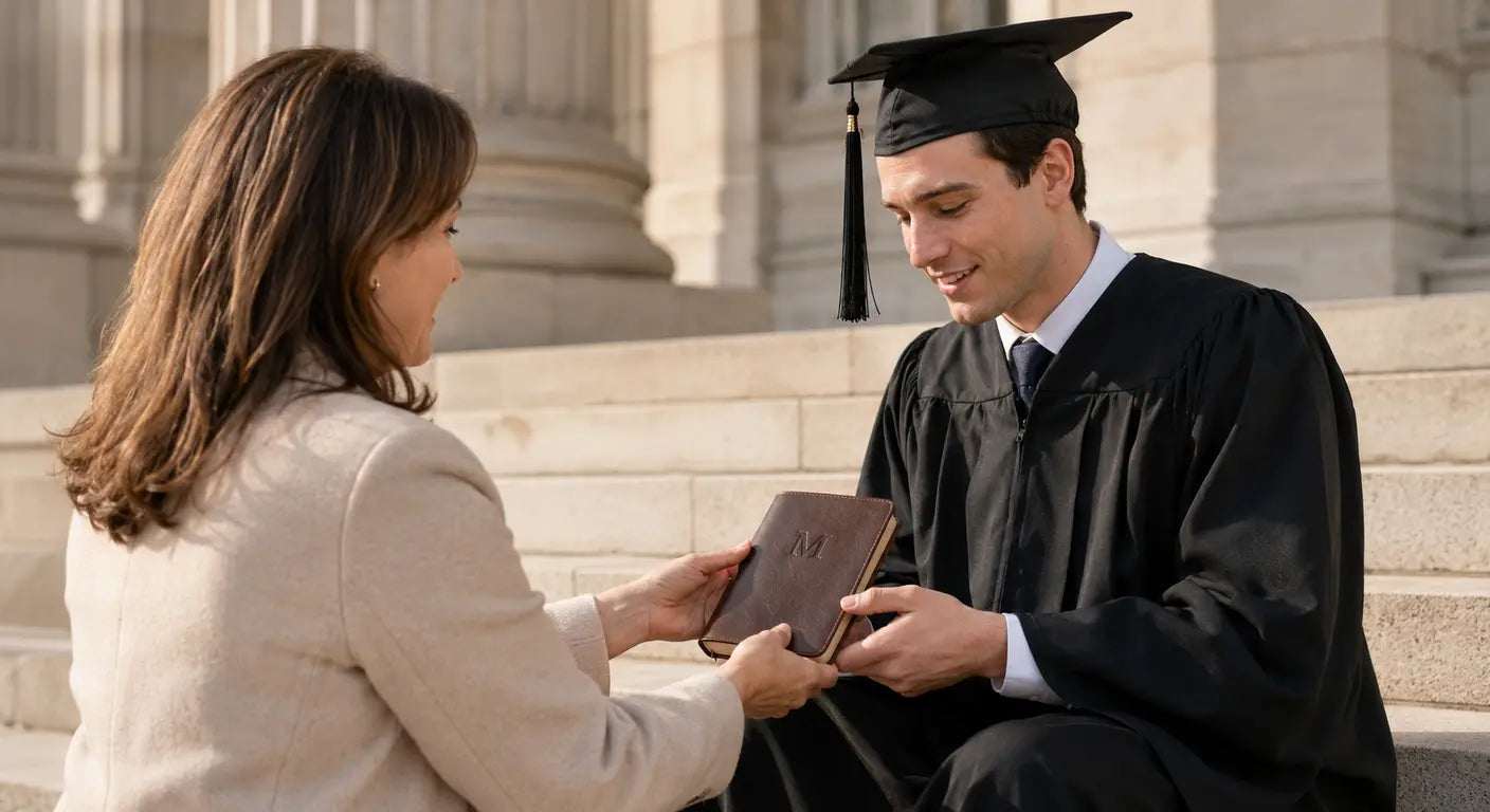 Mother giving her graduate son a personalized journal on the university steps