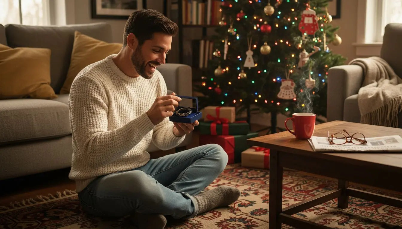 Man sitting by the christmas tree opening a small wrapped gift box