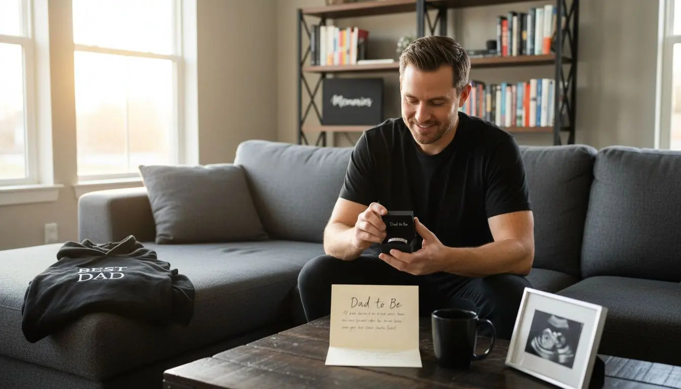 Dad to be sitting on the sofa with a card and a framed ultrasound photo