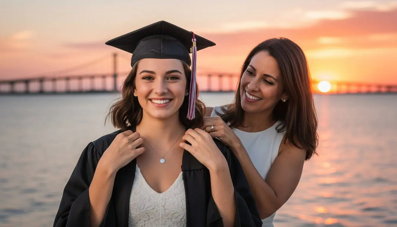 Mother fastening a graduation necklace on her daughter in cap and gown at sunset