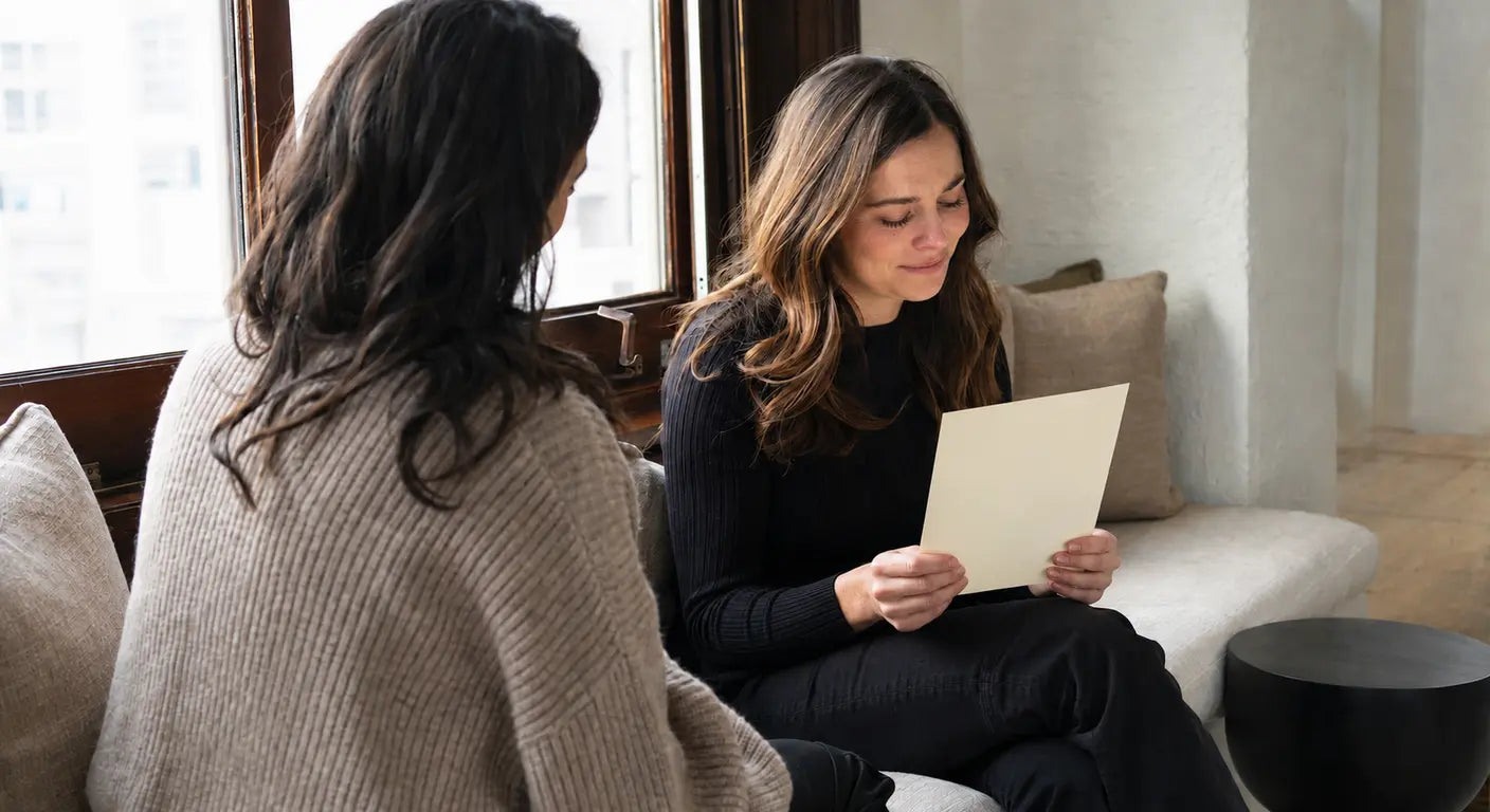 Two women sitting by a window as one reads a heartfelt letter from her unbiological sister