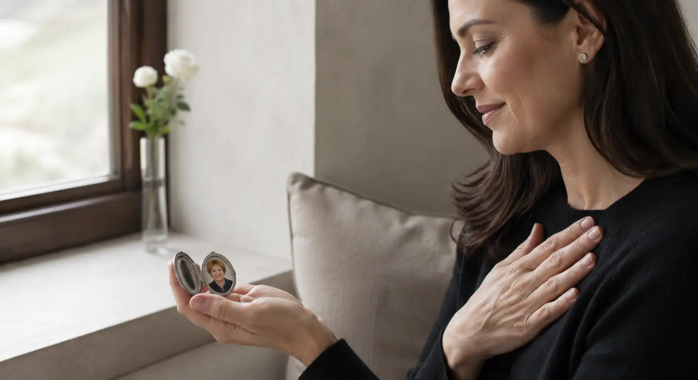 Woman holding an open photo locket in her palm by a window, a memorial keepsake for mom