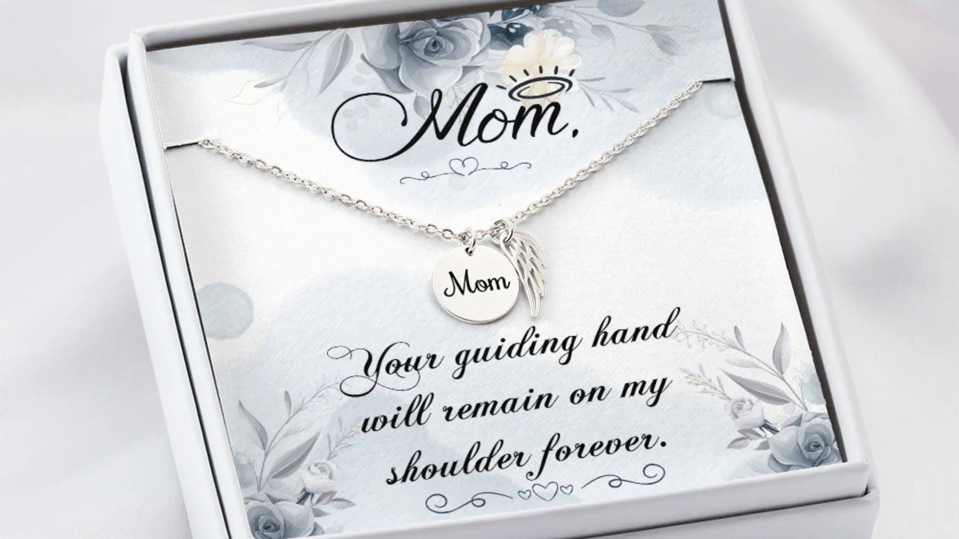 Silver pendant necklace in a gift box with a mom message card for mother's day remembrance