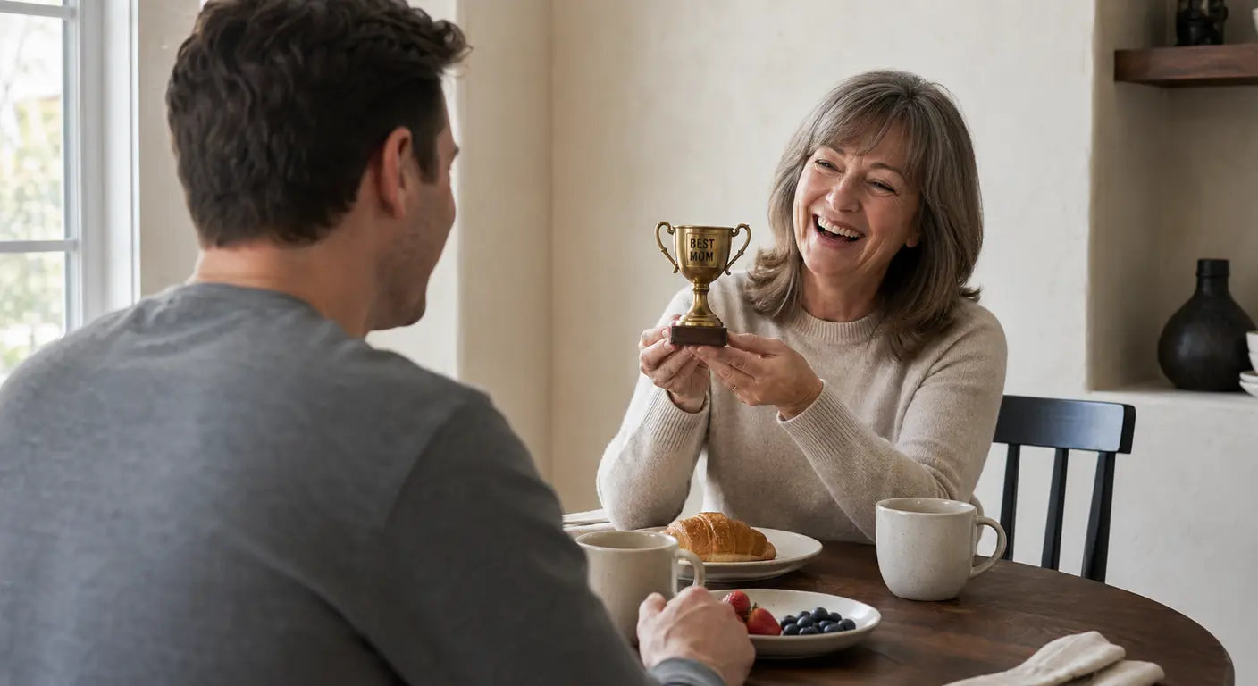 Mother laughing as she holds a small gold trophy gag gift at the breakfast table