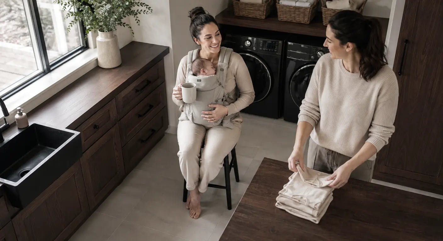 Friend folding laundry while a tired new mom rests with a coffee in the laundry room