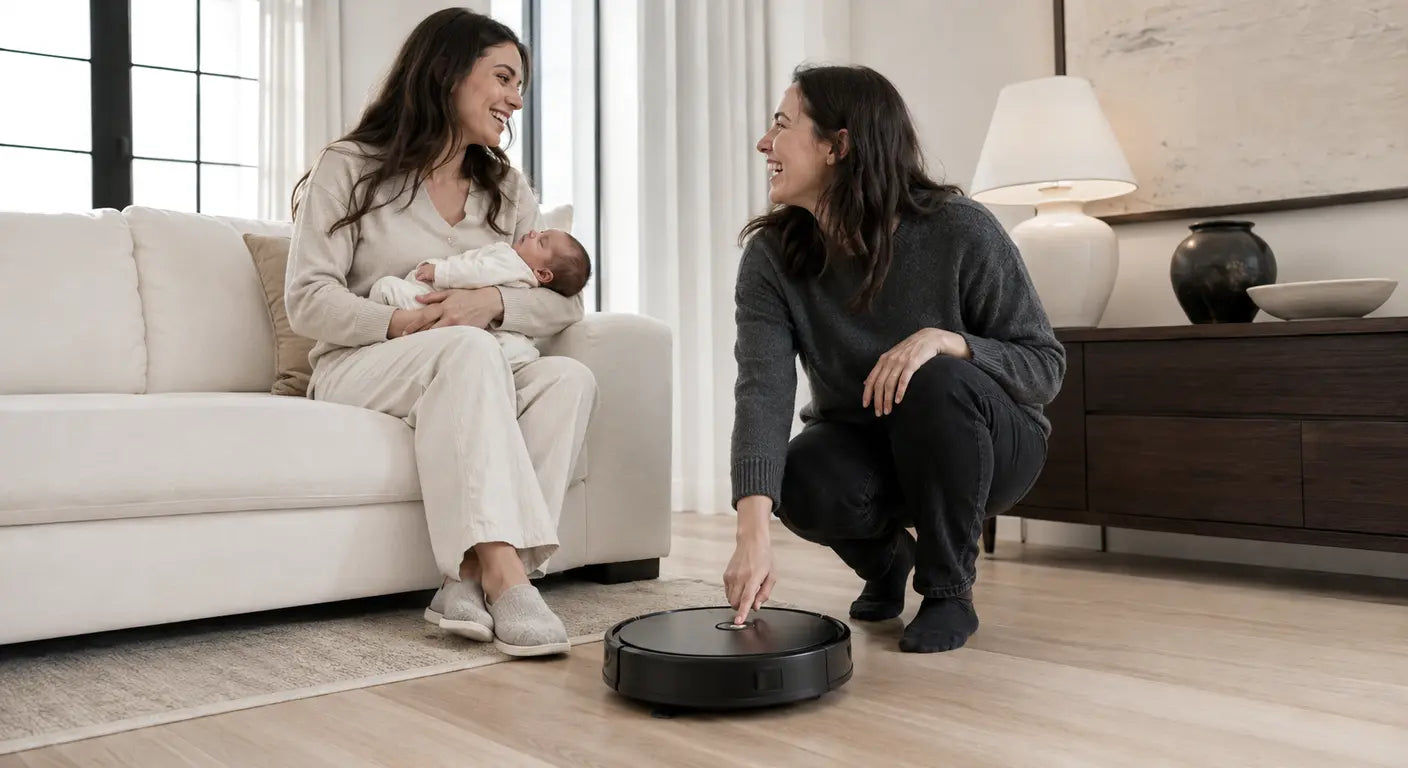 New mom with her baby on the sofa watching a robot vacuum clean the living room floor