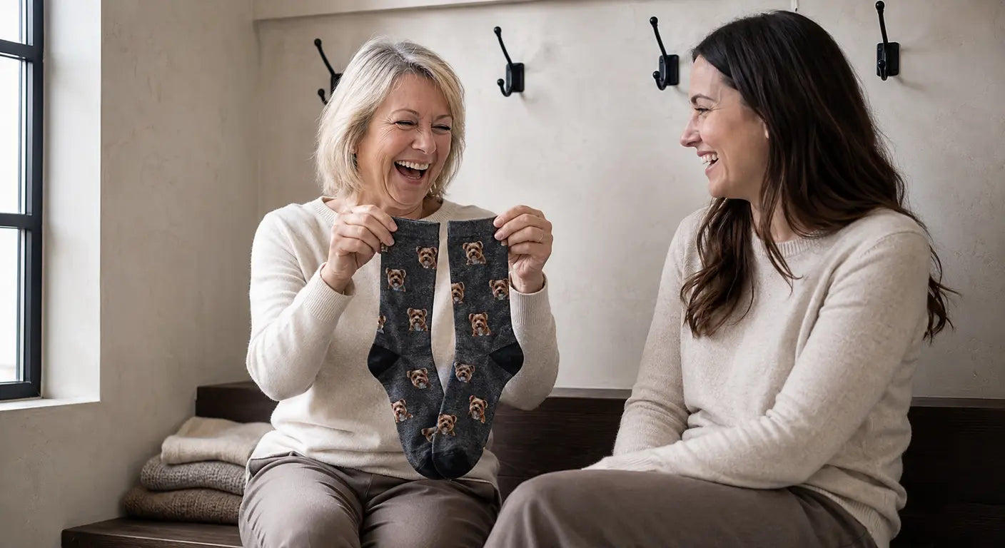 Older woman laughing as she holds up a pair of dog print socks, a funny gift for mom