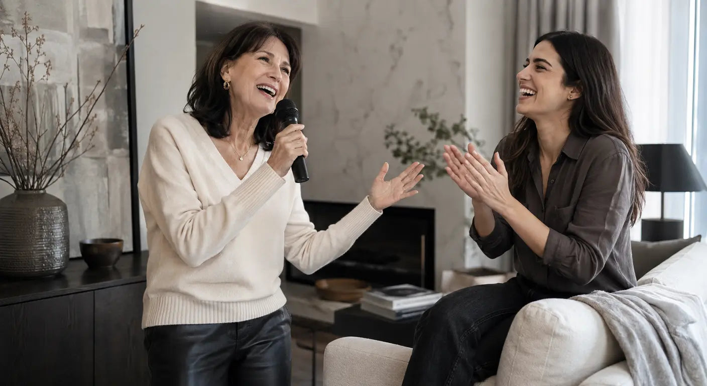 Older woman singing into a karaoke microphone while her daughter claps and laughs in the living room