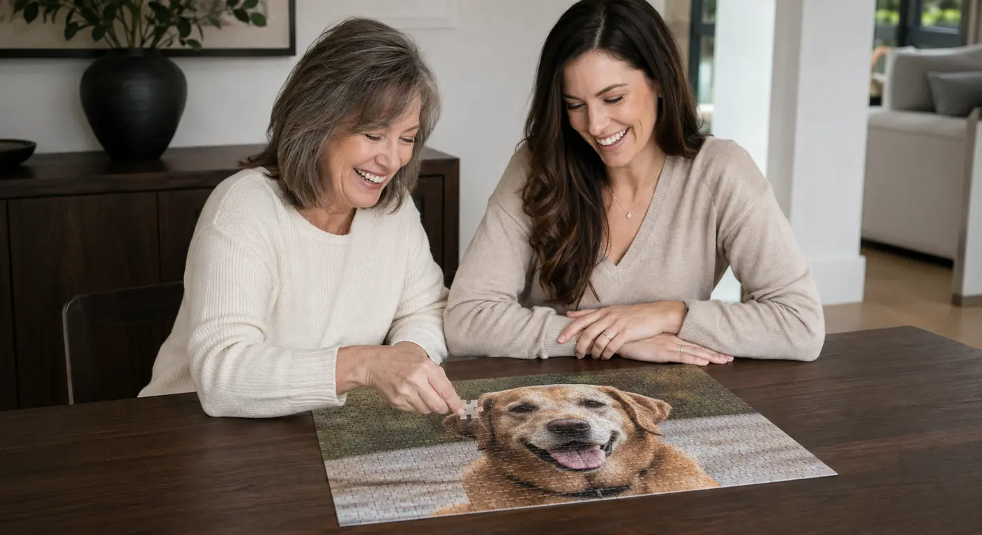 Mother and daughter assembling a personalized photo puzzle of their dog on the dining table