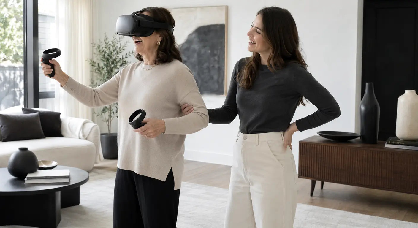 Mother wearing a vr headset with controllers while her daughter laughs beside her