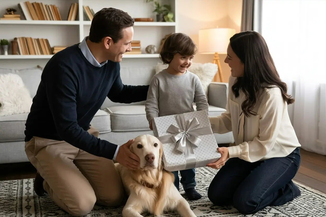 Parents and their son with the family dog opening a personalized birthday gift box