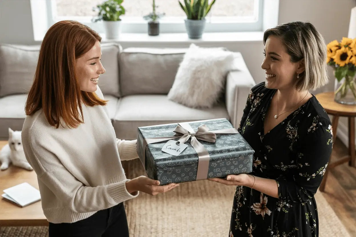 Woman handing a large personalized gift box with a bow to her friend in a living room