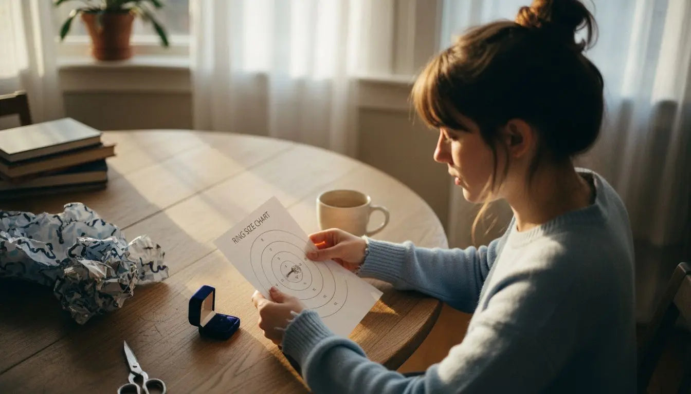 Woman measuring her ring size with a paper strip at a table, a ring sizing guide