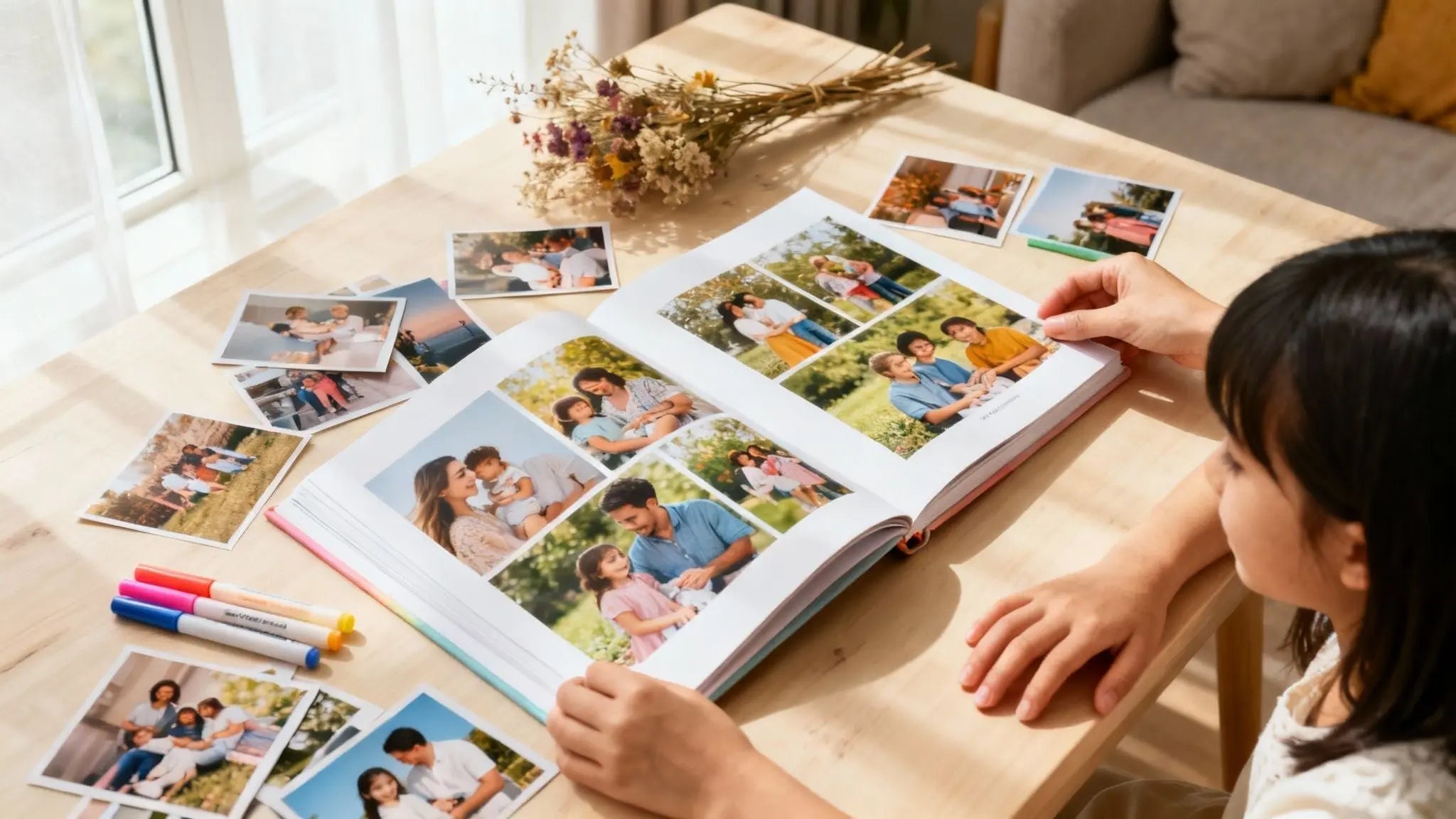 Mother and daughter looking through a custom photo book together at a sunlit table