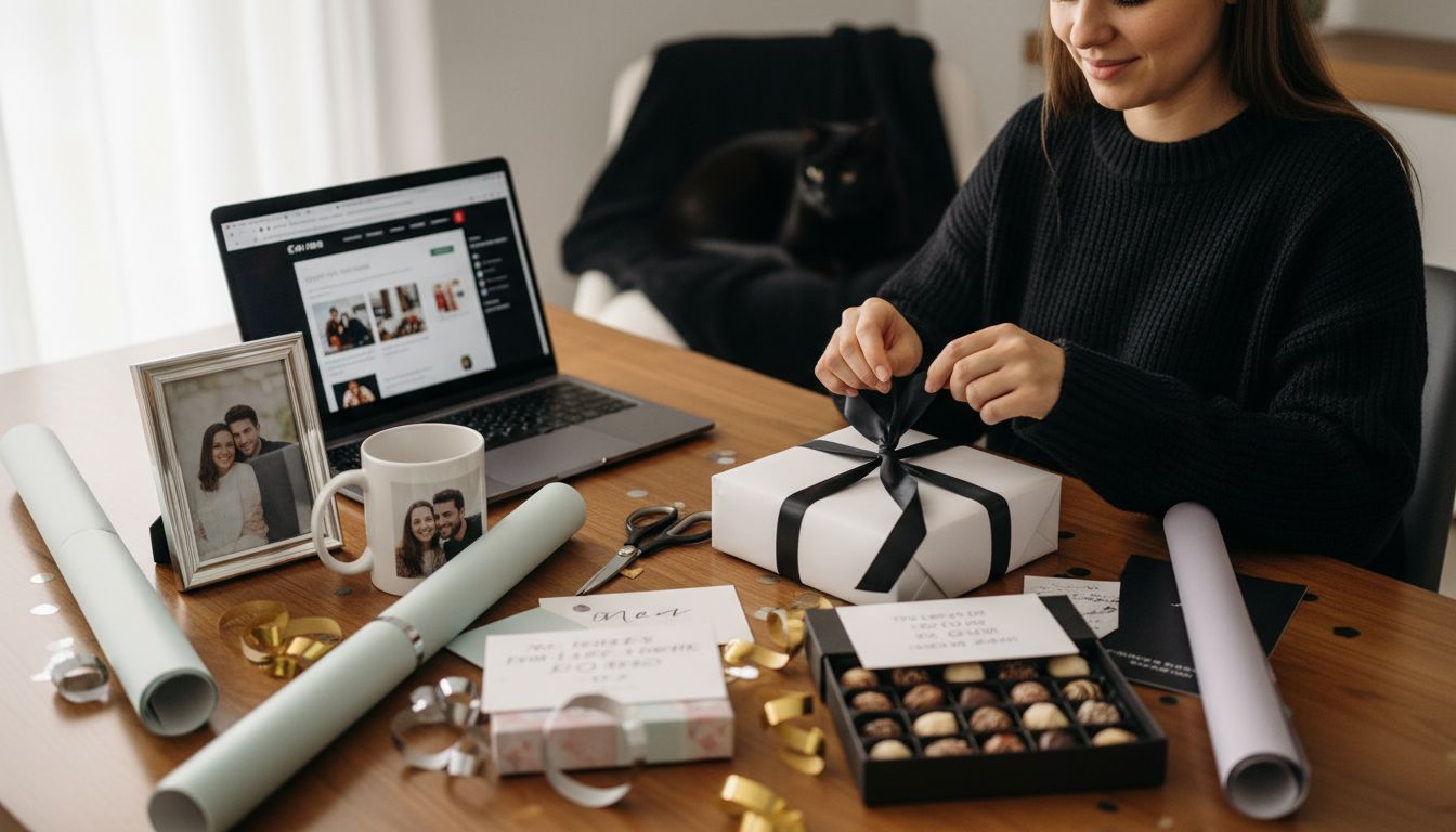 mulher embrulha presente namorado