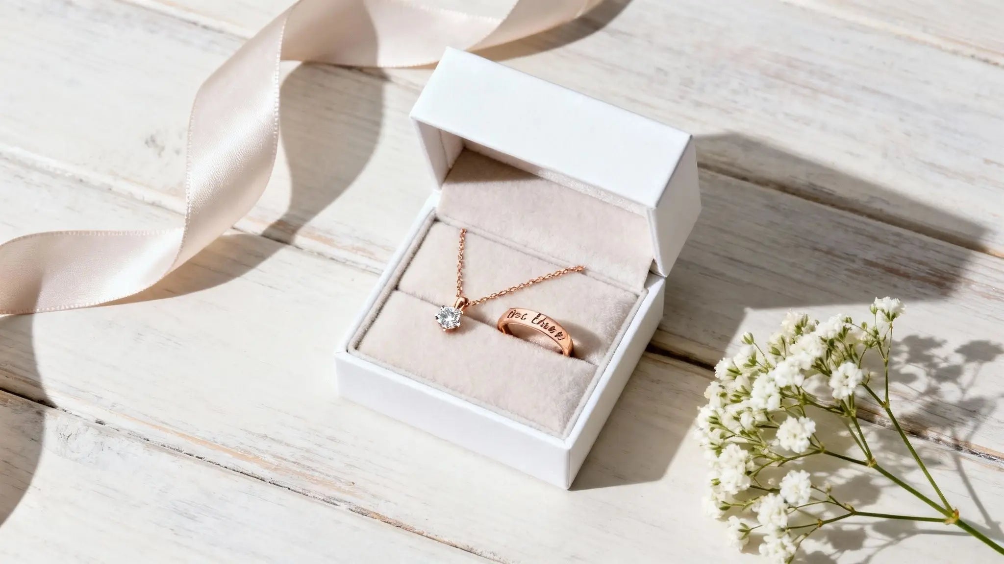 Rose gold pendant necklace in an open white gift box with baby's breath for a 30th birthday