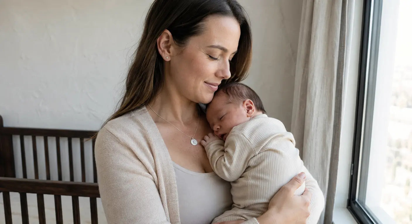 New mother holding her sleeping newborn while wearing a delicate initial pendant necklace