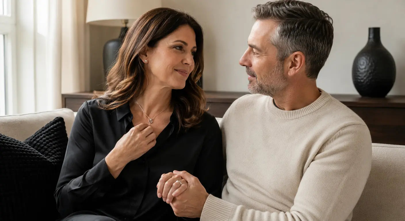 woman touching a love knot pendant at her neck while sitting with her partner