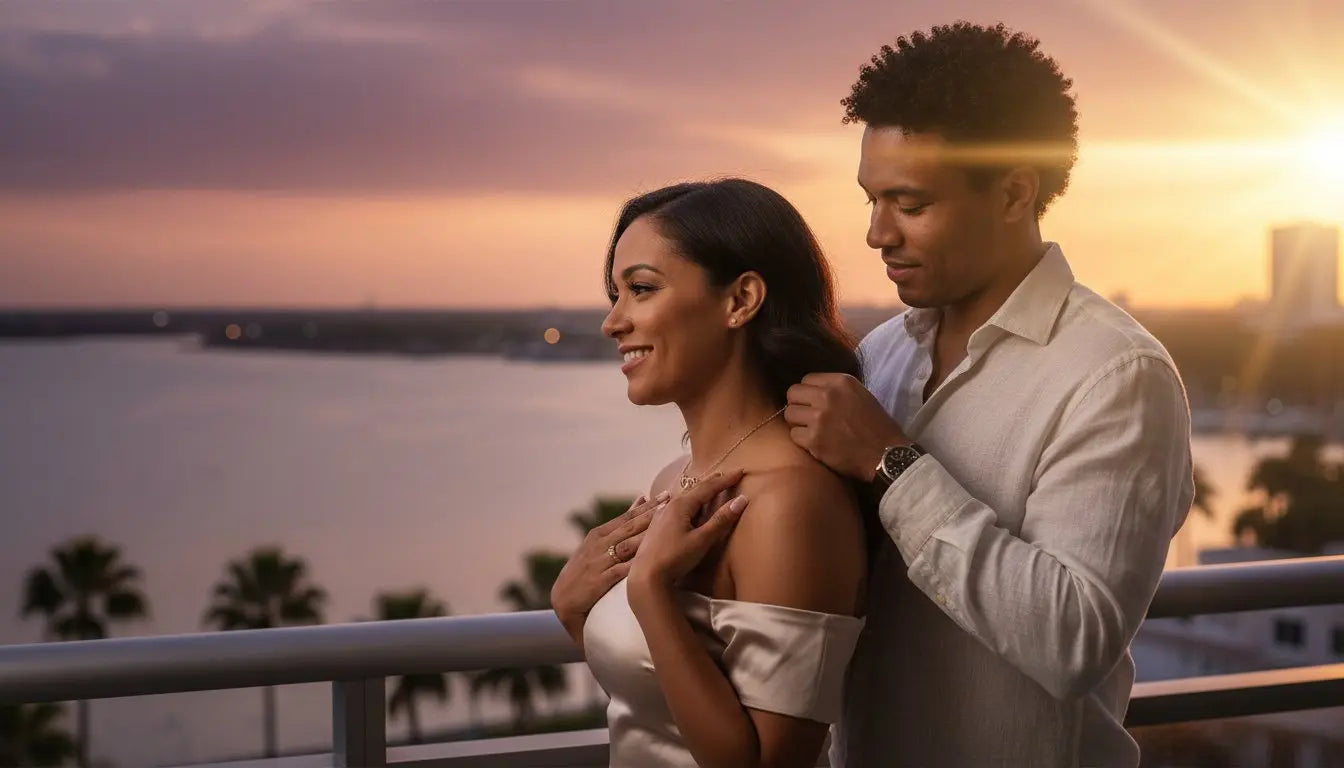 Man fastening an anniversary necklace on his partner at sunset by the water
