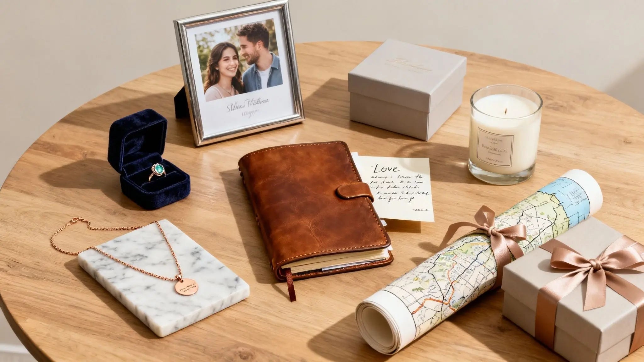 Flat lay of meaningful gifts for a wife with a gold necklace, leather journal and photo frame