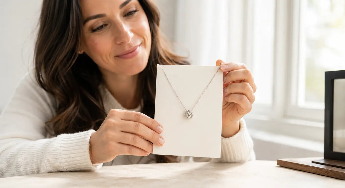 woman holding a message card with a pendant necklace attached, a keepsake gift