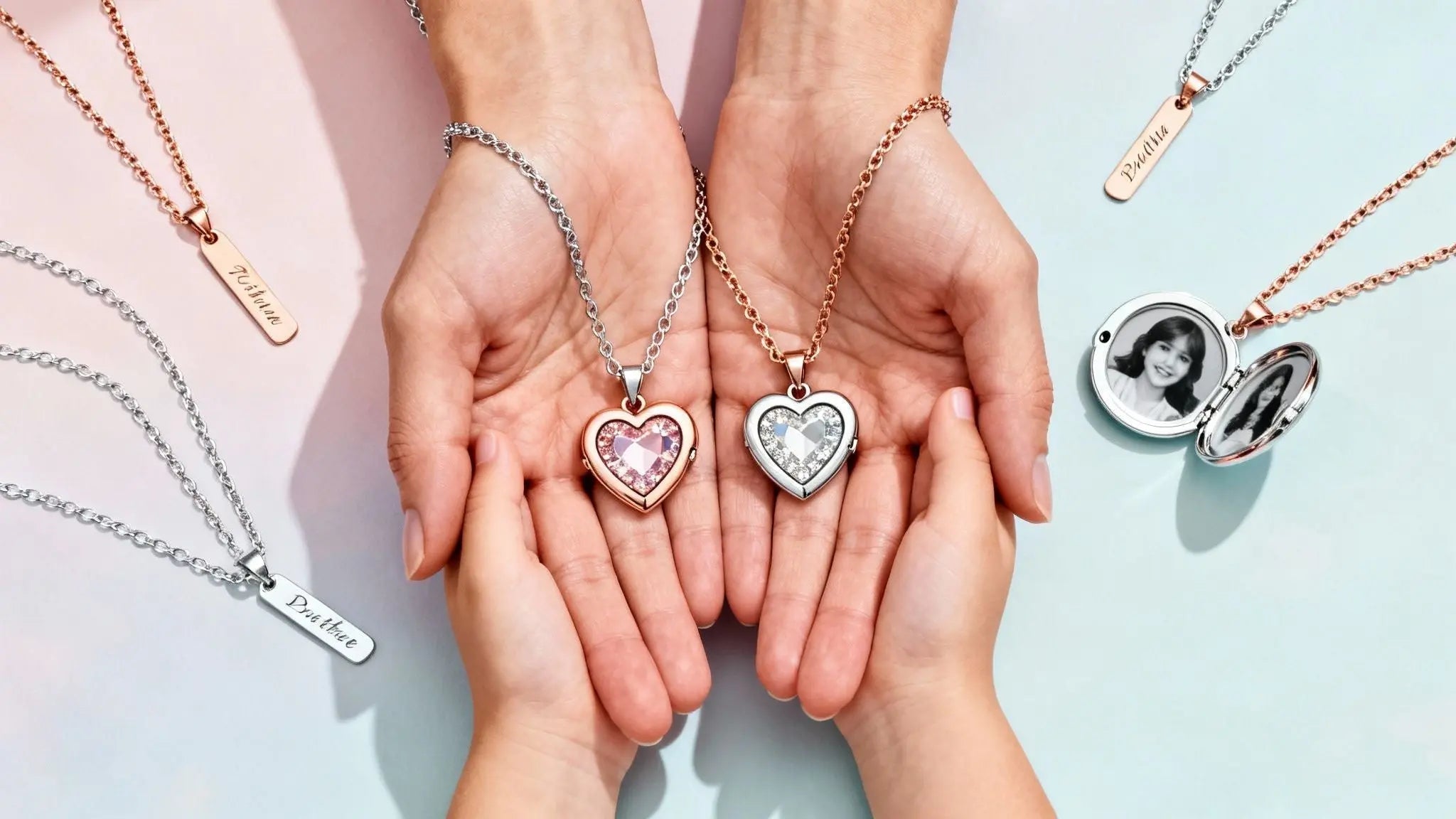 Mother and daughter hands holding matching heart pendant necklaces and an engraved locket