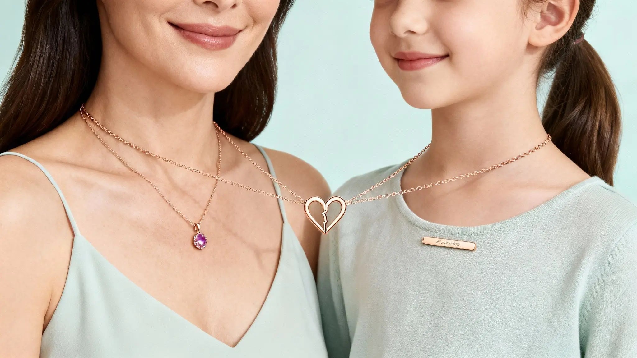 Mother and daughter wearing matching pendant necklaces, a close look at the two designs