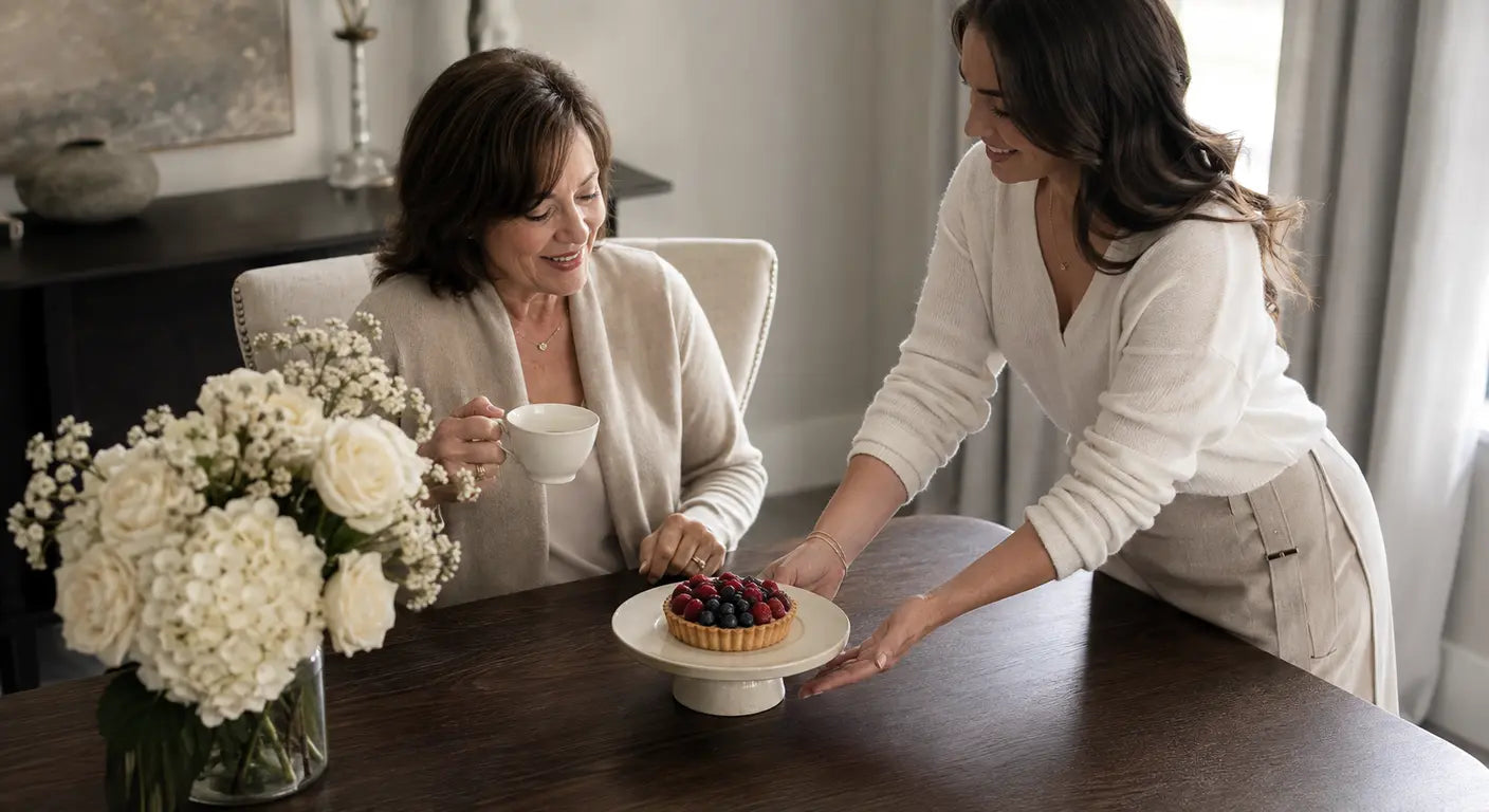 Two women serving a fruit tart at a table with white hydrangeas for mother's day