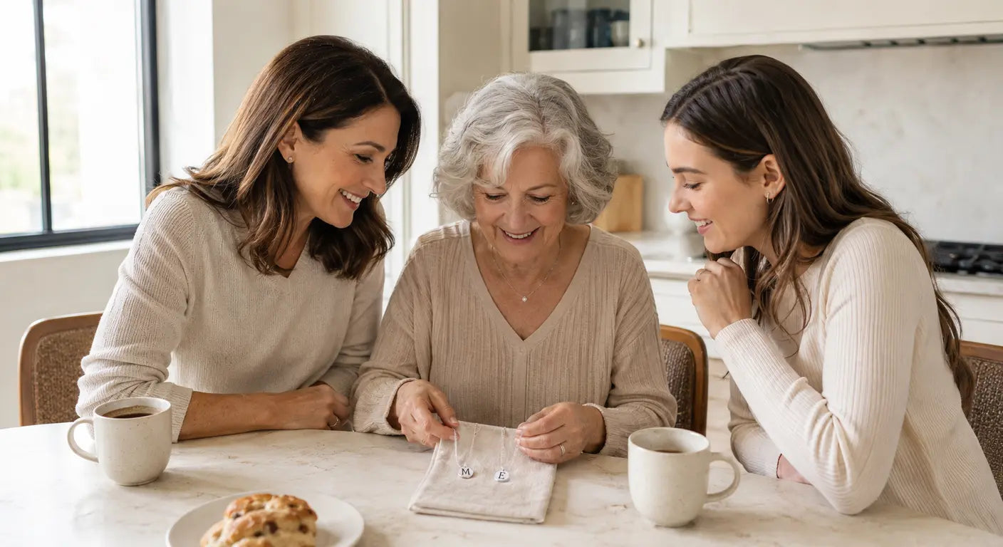 Grandmother looking at a photo book with her daughter and granddaughter over coffee