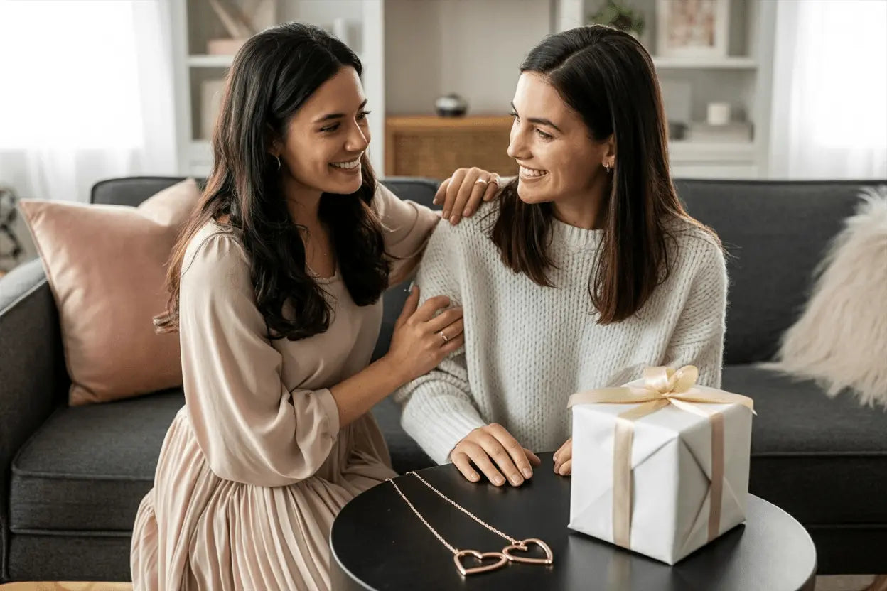 Two women embracing on a sofa beside a white wrapped gift box with gold ribbon