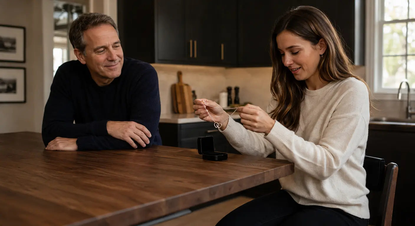 Father and adult daughter at the kitchen table with a small necklace gift box