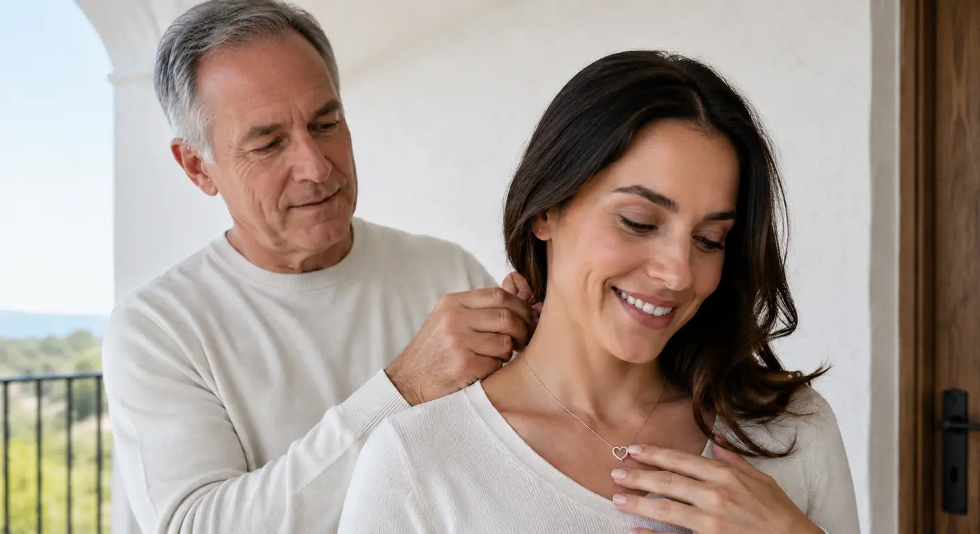 Father fastening a keepsake necklace on his adult daughter at home