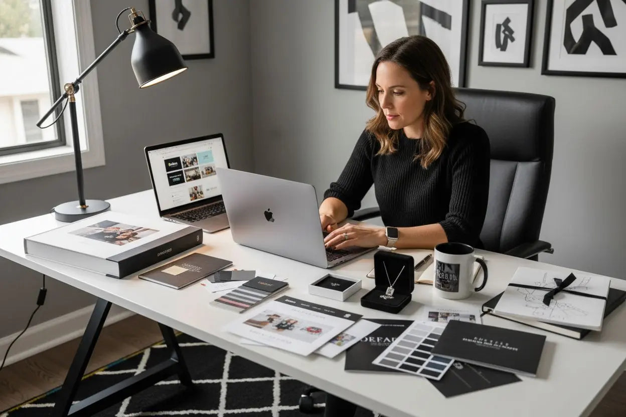 Frau am schreibtisch wählt am laptop personalisierten schmuck aus, schritt für schritt