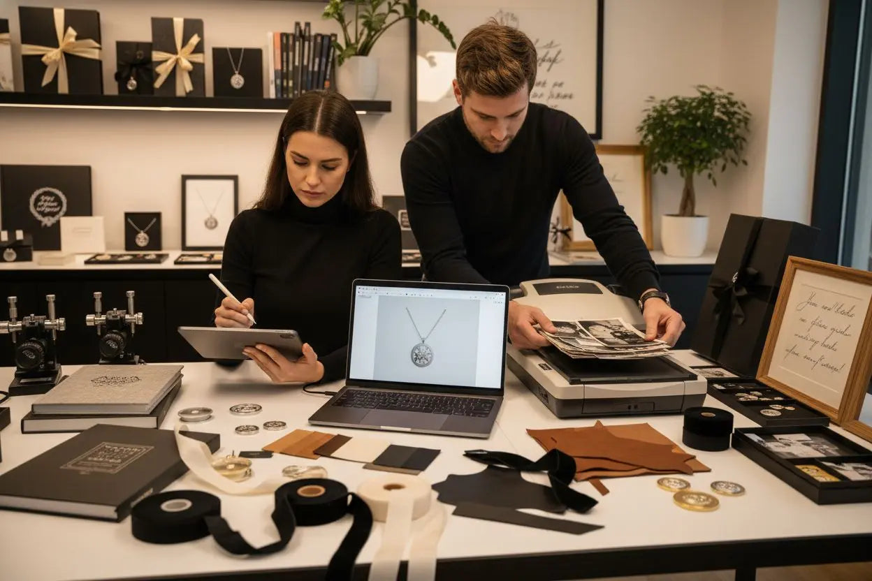 Paar plant personalisierte geschenkideen am laptop mit mustern und notizbuch