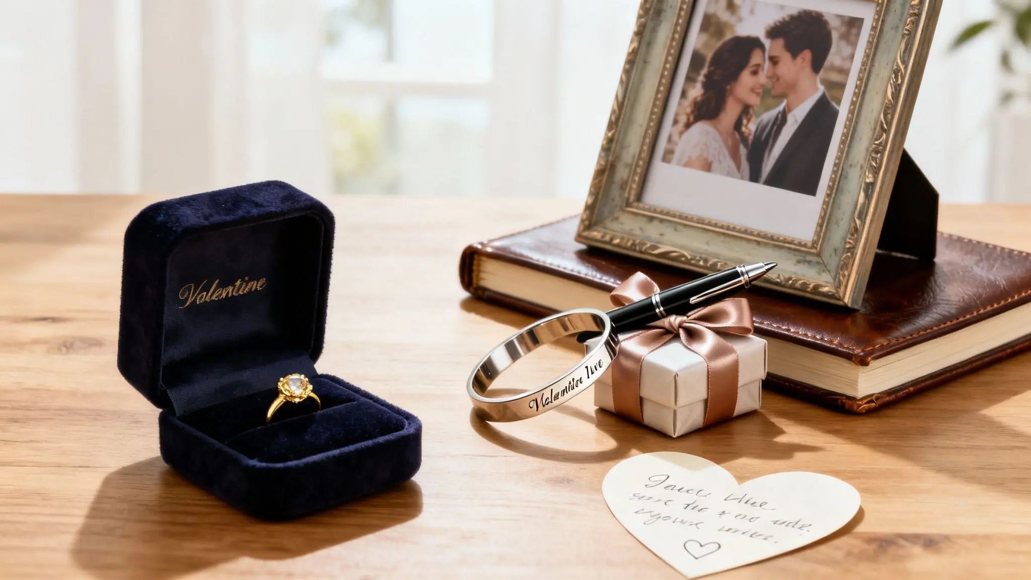 Valentine's gifts with a ring box, framed couple photo, engraved heart and handwritten note