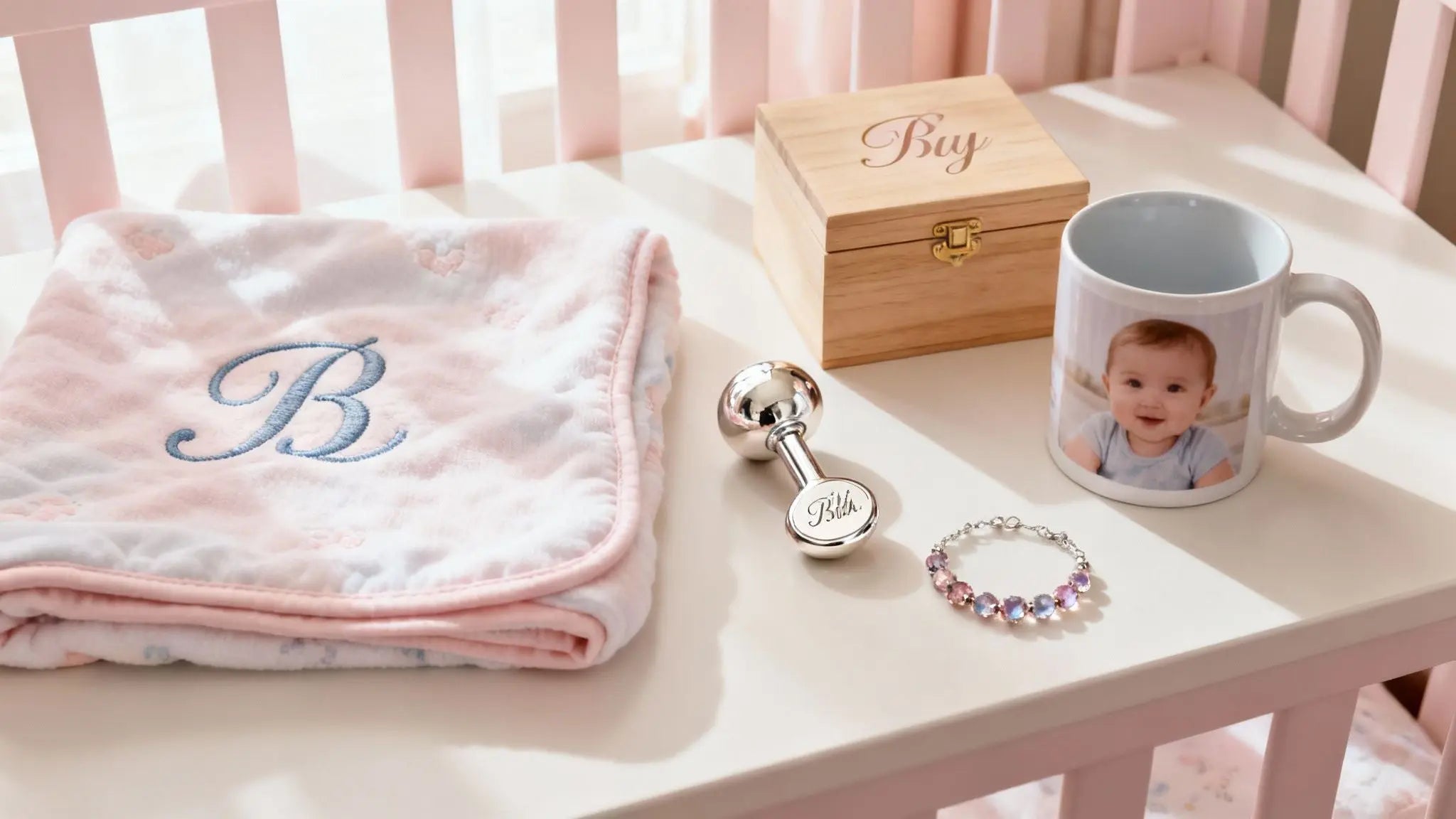 Personalized baby gifts with a monogrammed blanket, engraved keepsake box, rattle and photo mug