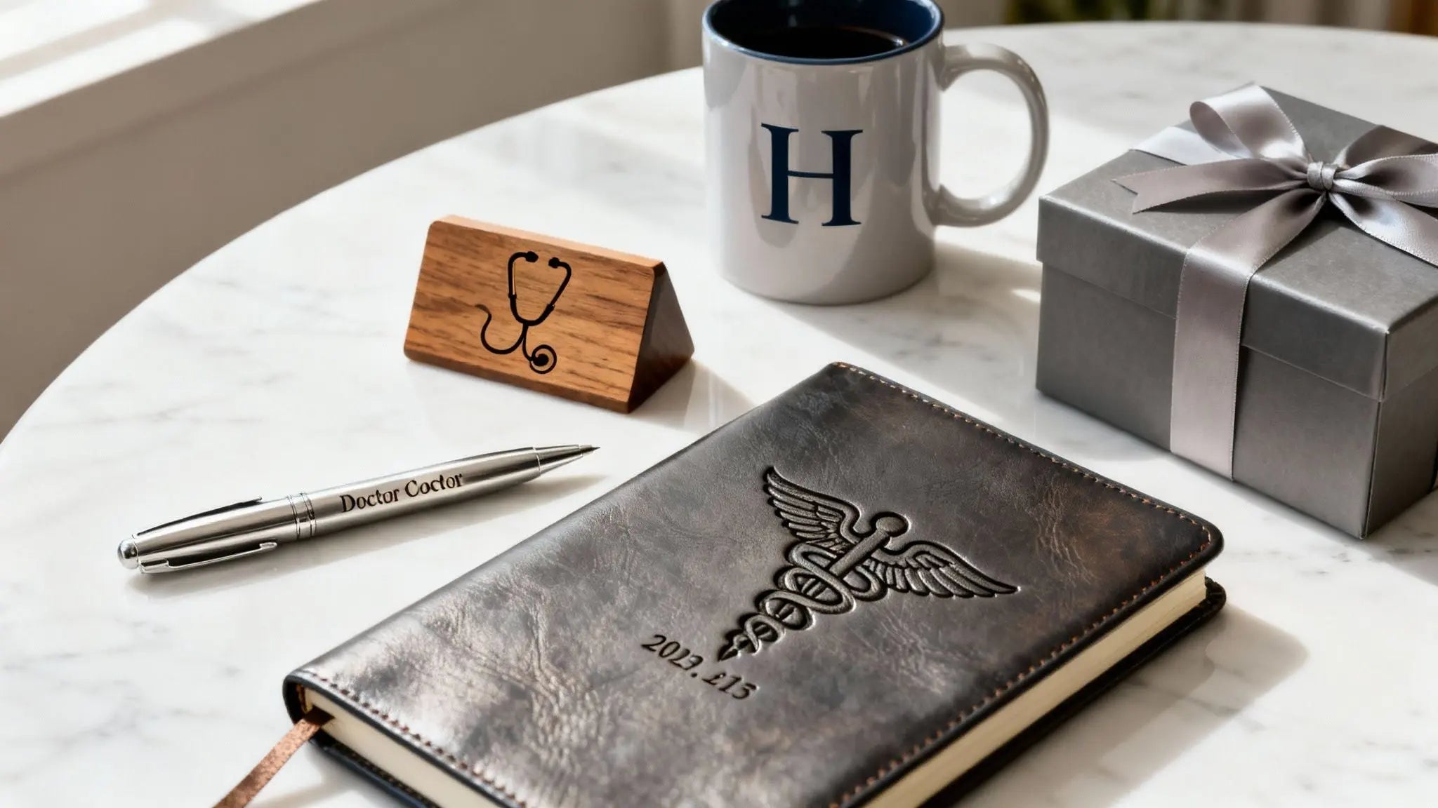 Doctor gifts with a monogram mug, engraved leather notebook, pen and stethoscope stand