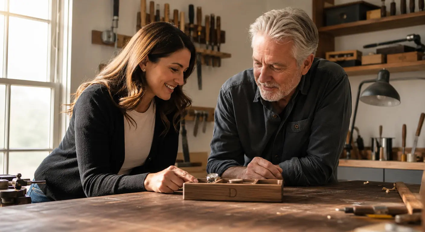 Woman and her dad looking at a wooden watch tray keepsake in the workshop