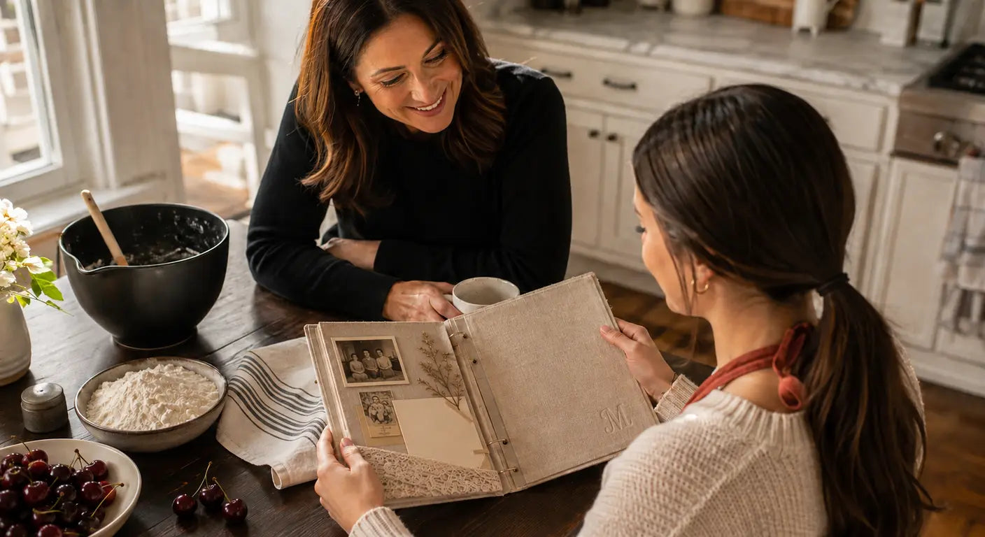 Mother and daughter looking through a personalized family photo album in the kitchen