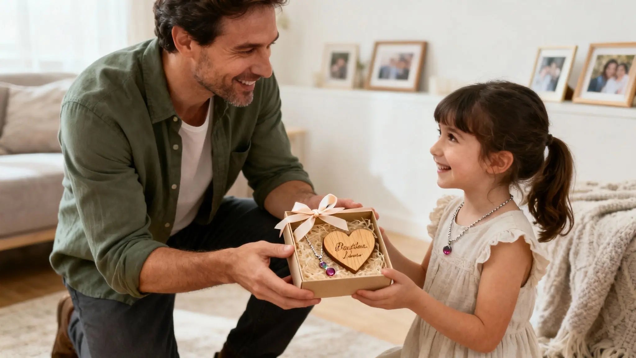 Dad giving his young daughter a small gift box engraved with a heart