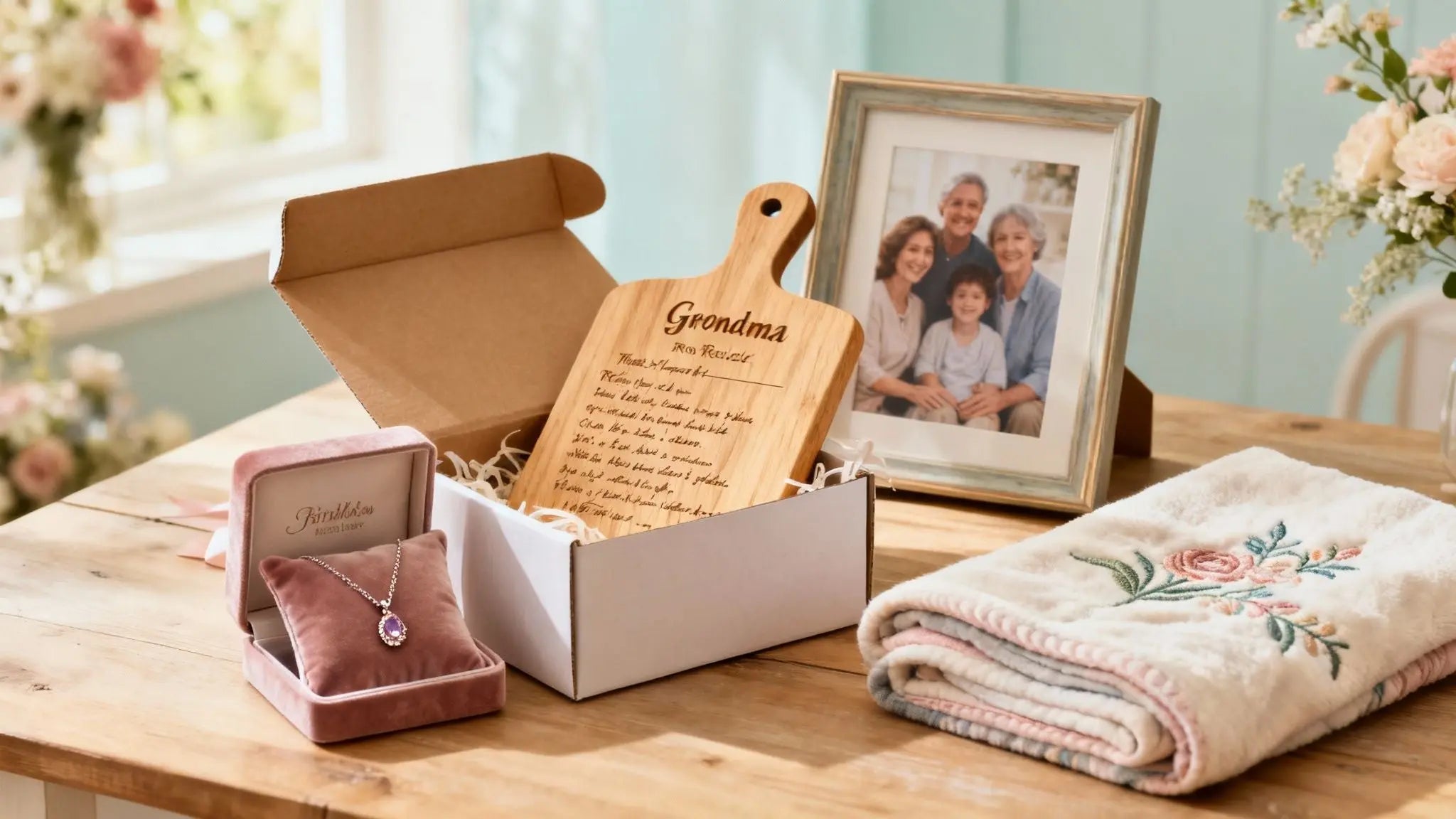 Open gift box with a locket, a handwritten letter to grandma and an embroidered blanket
