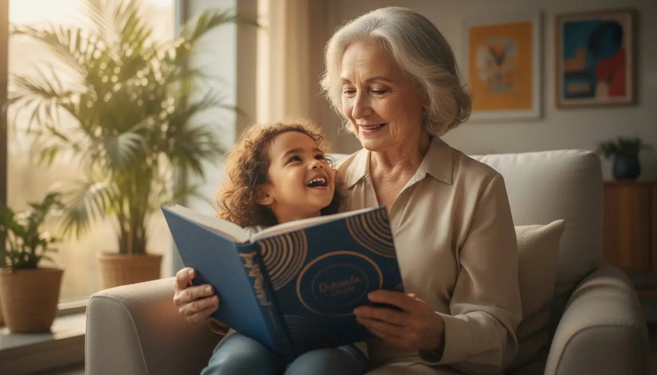 Grandmother and granddaughter reading a personalized keepsake book together on the sofa